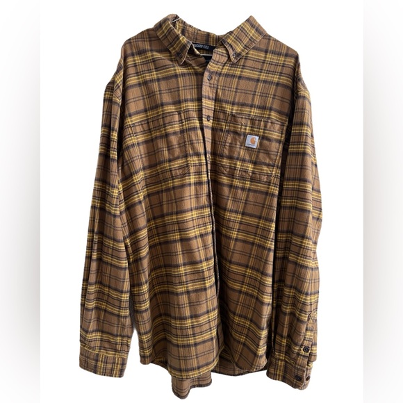 Carhartt Men's Yellow and Brown Plaid Rugged Flex Flannel Shirt - Picture 3 of 7